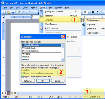 Screenshot: Word 2003 showing language dialogue box.