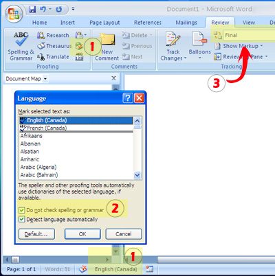 Screenshot: Word 2007 showing language dialogue box.