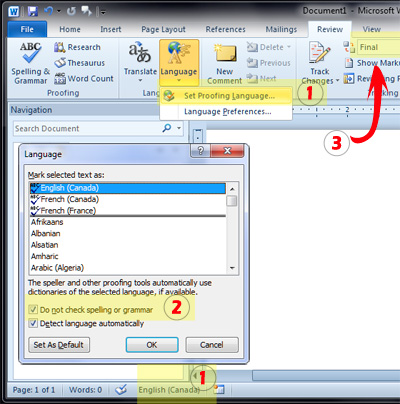 Screenshot: Word 2010 showing language dialogue box.